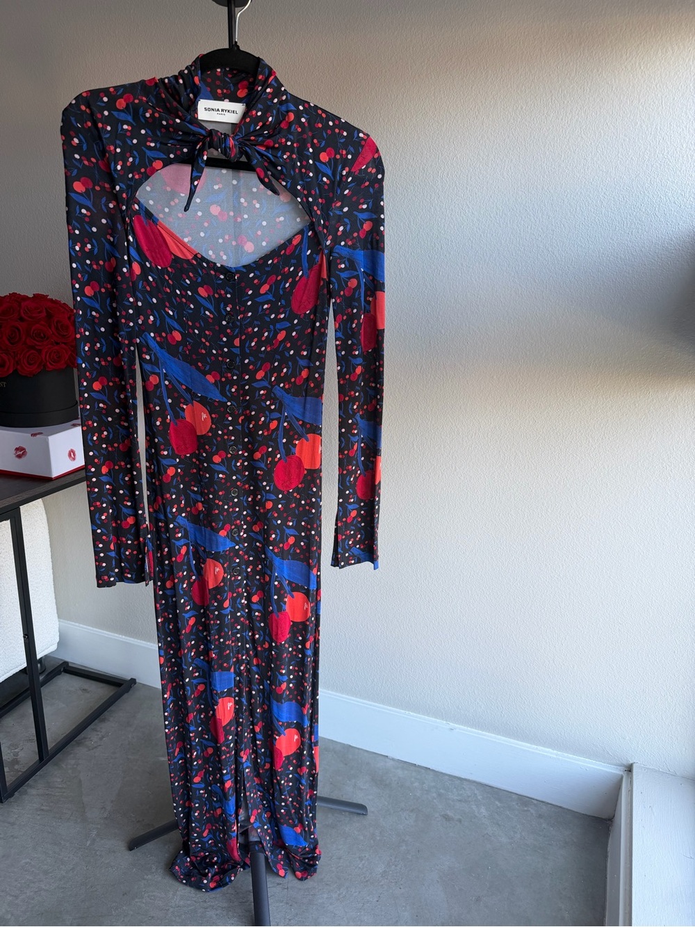 Sonia Rykiel Navy Long-Sleeve Midi Dress with Red & Blue Print